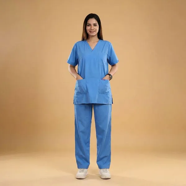 Sky_Blue_9_Pocket_Scrub_V_Neck_With_Cap_&_Mask_For_Women