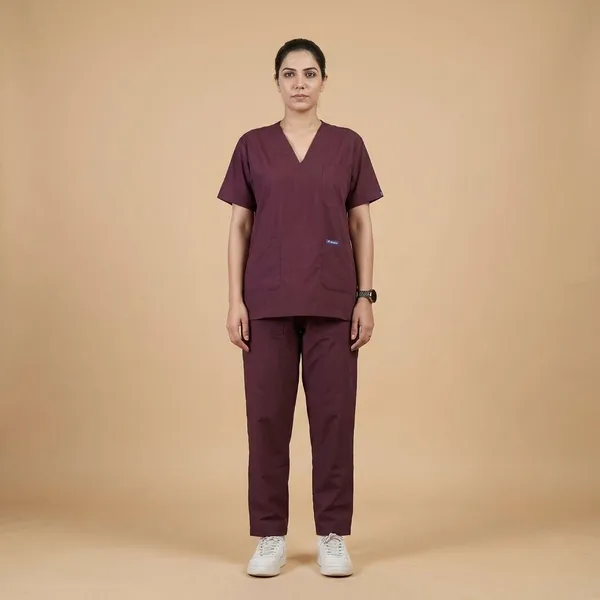 Wine_9_Pocket_Scrub_V_Neck_With_Cap_&_Mask_For_Women