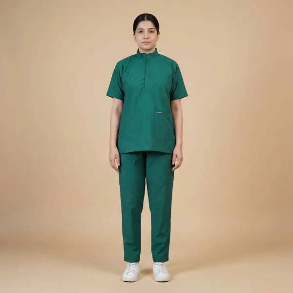 Green_7_Pocket_Mandarin_Collar_Scrub_With_Cap_&_Mask_For_Women