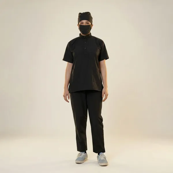 Black_9_Pocket_Mandarin_Collar_Scrub_With_Cap_&_Mask_For_Women