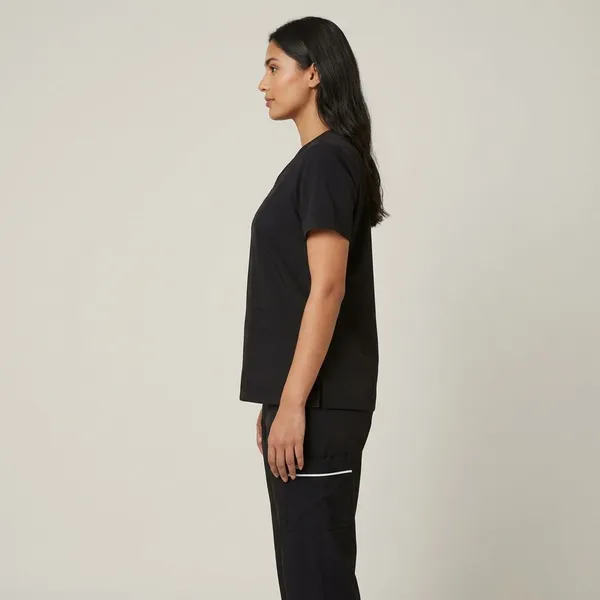 Black_9_Pocket_Mandarin_Collar_Scrub_With_Cap_&_Mask_For_Women