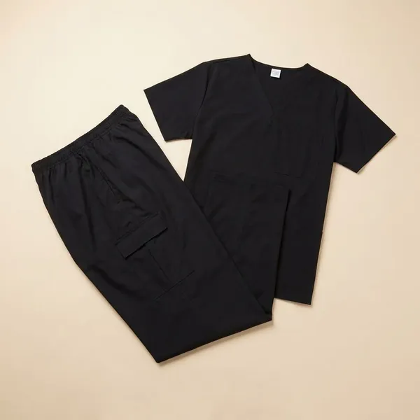 Black_9_Pocket_Mandarin_Collar_Scrub_With_Cap_&_Mask_For_Women