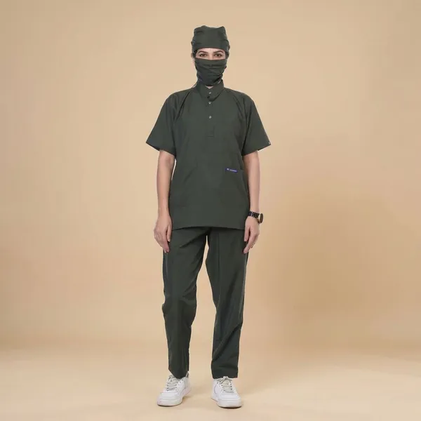 Forest_Green_9_Pocket_Mandarin_Collar_Scrub_With_Cap_&_Mask_For_Women