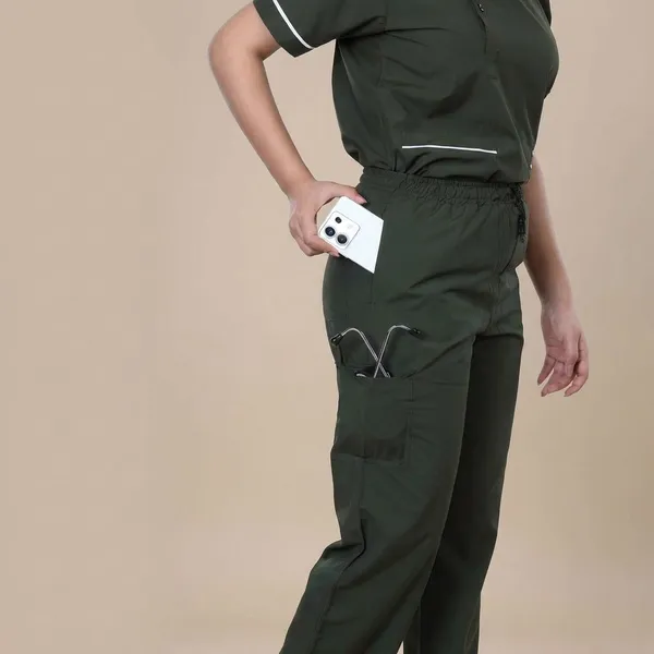 Forest_Green_9_Pocket_Mandarin_Collar_Scrub_With_Cap_&_Mask_For_Women