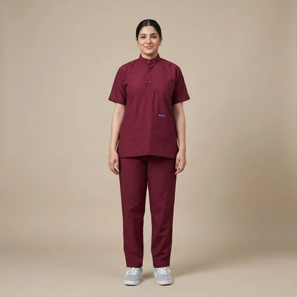 Maroon_9_Pocket_Mandarin_Collar_Scrub_With_Cap_&_Mask_For_Women