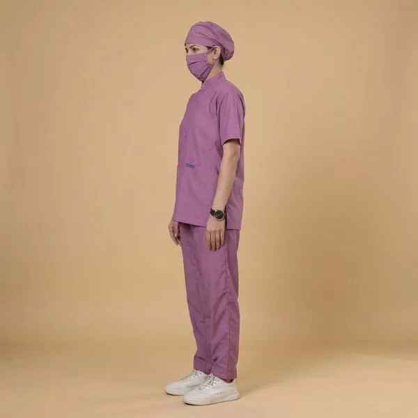 Misty_Pink_9_Pocket_Mandarin_Collar_Scrub_With_Cap_&_Mask_For_Women