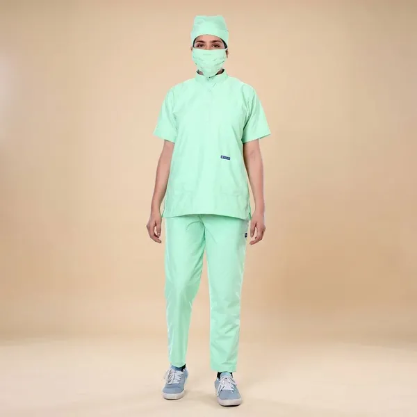 Pastel_Green_9_Pocket_Mandarin_Collar_Scrub_With_Cap_&_Mask_For_Women