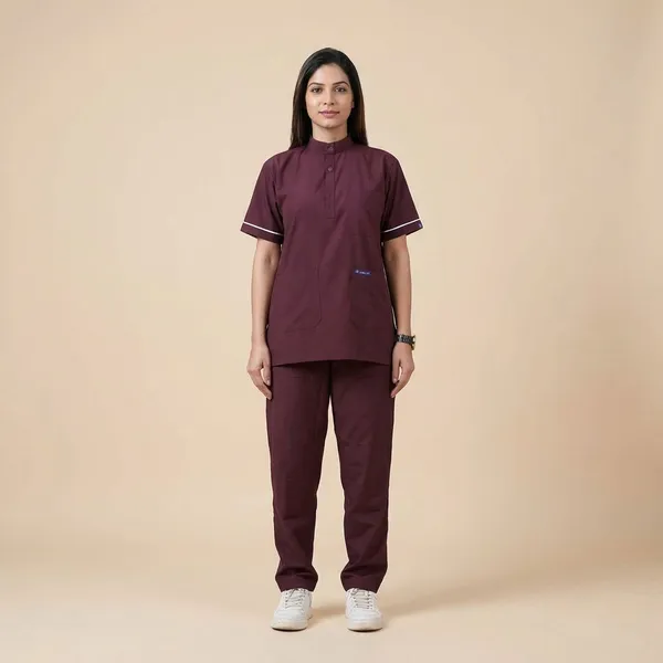 Wine_9_Pocket_Mandarin_Collar_Scrub_With_Cap_&_Mask_For_Women