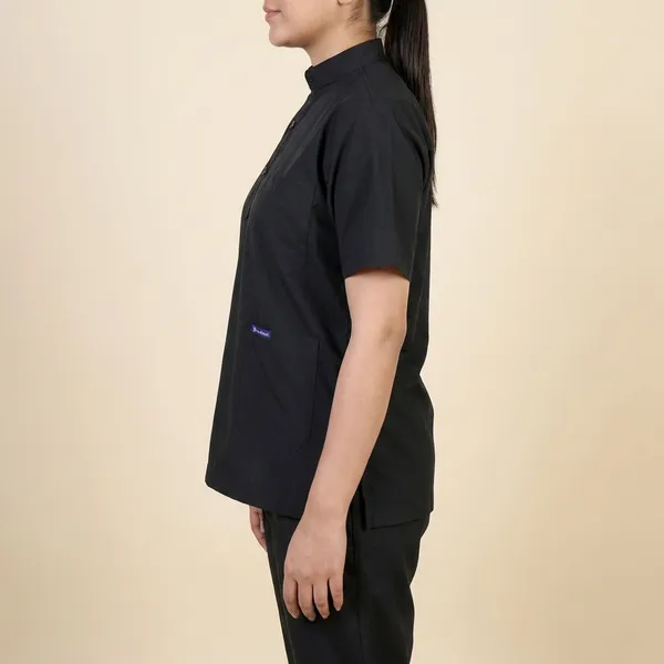 Black_5_Pocket_Mandarin_Collar_Scrub_With_Cap_&_Mask_For_Women