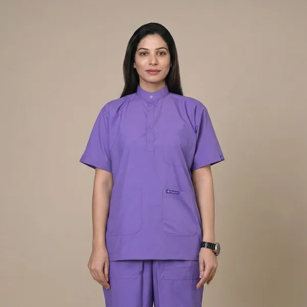 Lavender_5_Pocket_Mandarin_Collar_Scrub_With_Cap_&_Mask_For_Women