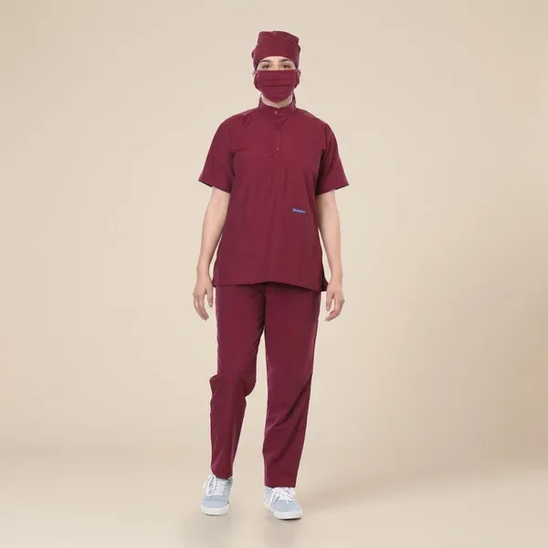 Maroon_5_Pocket_Mandarin_Collar_Scrub_With_Cap_&_Mask_For_Women