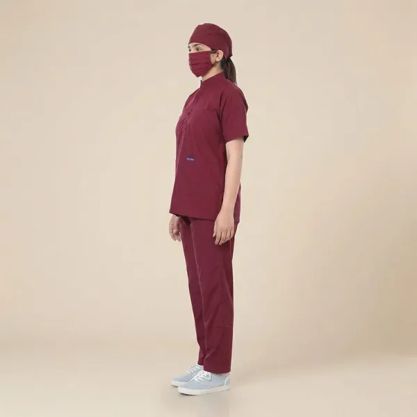 Maroon_5_Pocket_Mandarin_Collar_Scrub_With_Cap_&_Mask_For_Women