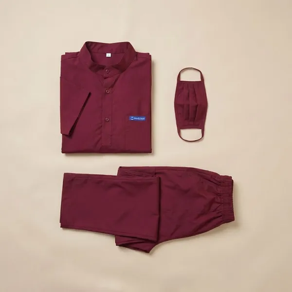Maroon_5_Pocket_Mandarin_Collar_Scrub_With_Cap_&_Mask_For_Women