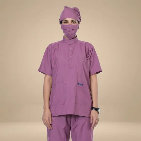Misty_Pink_5_Pocket_Mandarin_Collar_Scrub_With_Cap_&_Mask_For_Women