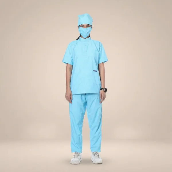 Pastel_Blue_5_Pocket_Mandarin_Collar_Scrub_With_Cap_&_Mask_For_Women