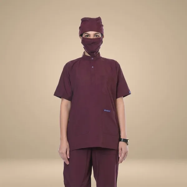 Wine_5_Pocket_Mandarin_Collar_Scrub_With_Cap_&_Mask_For_Women