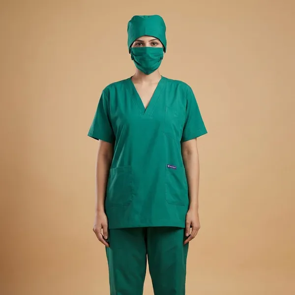 Green_5_Pocket_V_Neck_Scrub_With_Cap_&_Mask_For_Women