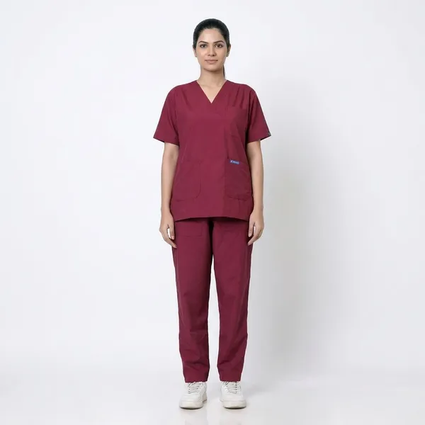 Maroon_5_Pocket_V_Neck_Scrub_With_Cap_&_Mask_For_Women
