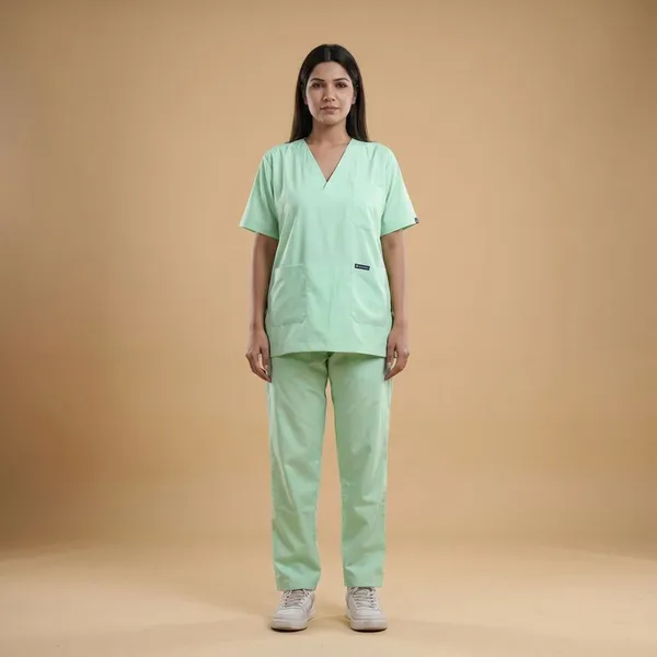 Pastel_Green_5_Pocket_V_Neck_Scrub_With_Cap_&_Mask_For_Women