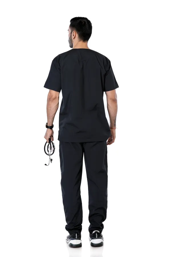 Black_9_Pocket_Scrub_V_Neck_With_Cap_&_Mask_For_Men