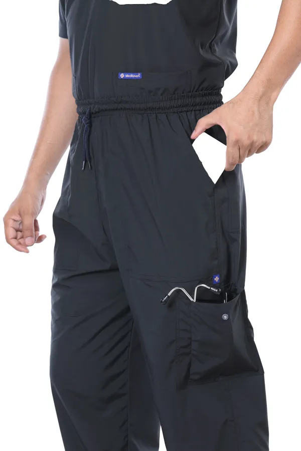 Black_9_Pocket_Scrub_V_Neck_With_Cap_&_Mask_For_Men