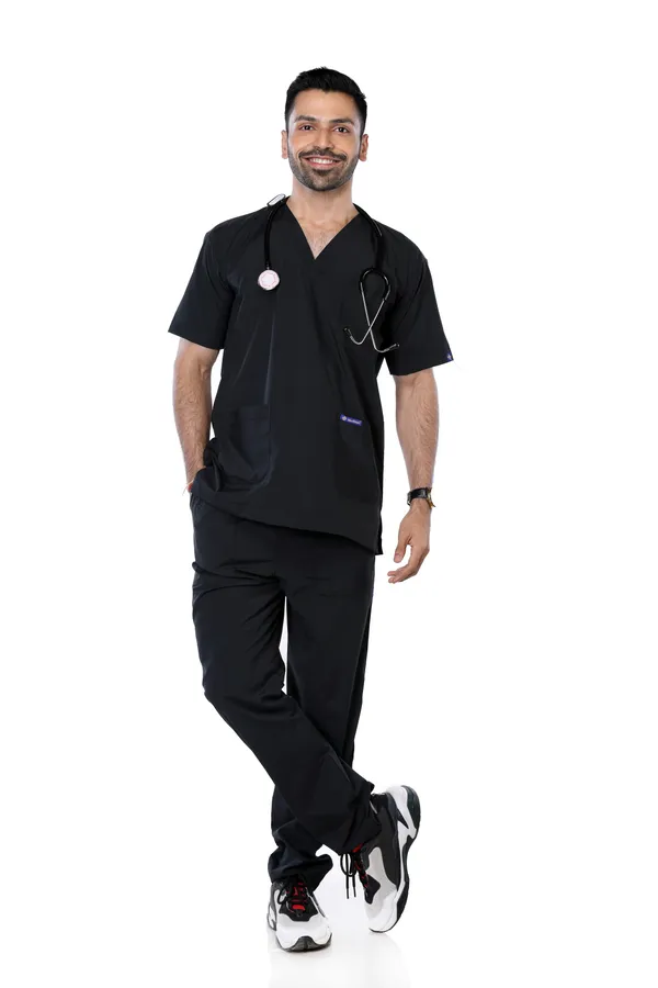 Black_9_Pocket_Scrub_V_Neck_With_Cap_&_Mask_For_Men