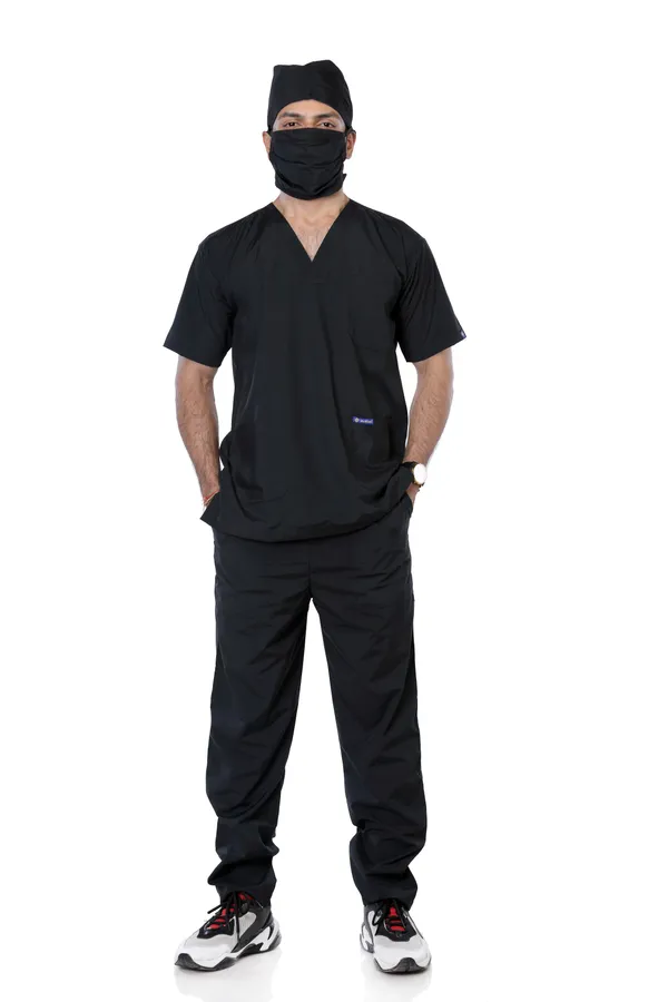 Black_9_Pocket_Scrub_V_Neck_With_Cap_&_Mask_For_Men