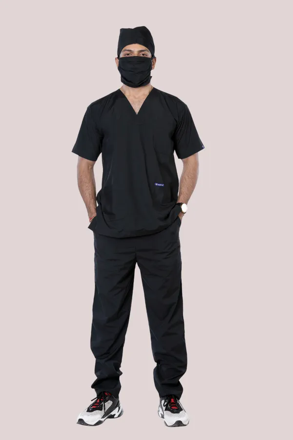 Black_9_Pocket_Scrub_V_Neck_With_Cap_&_Mask_For_Men