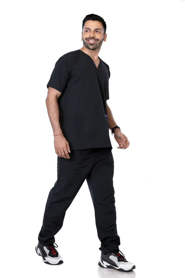 Black_9_Pocket_Scrub_V_Neck_With_Cap_&_Mask_For_Men