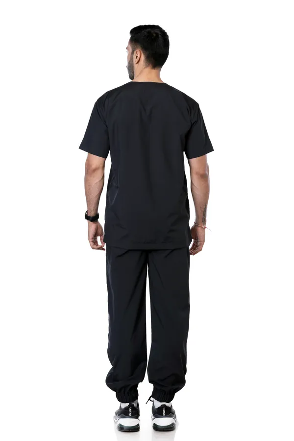 Black_7_Pocket_Mandarin_Collar_Scrub_With_Cap_&_Mask_For_Men