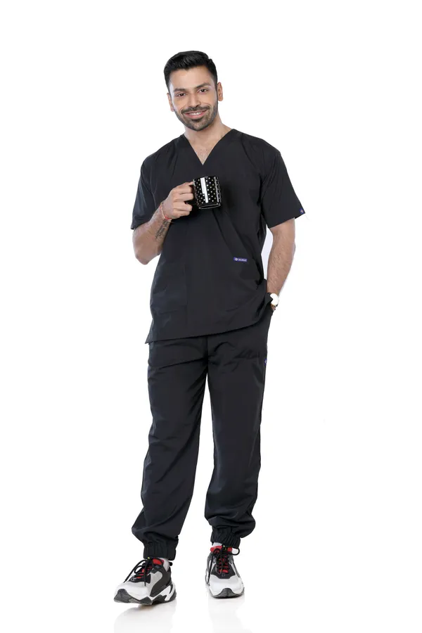 Black_7_Pocket_Mandarin_Collar_Scrub_With_Cap_&_Mask_For_Men
