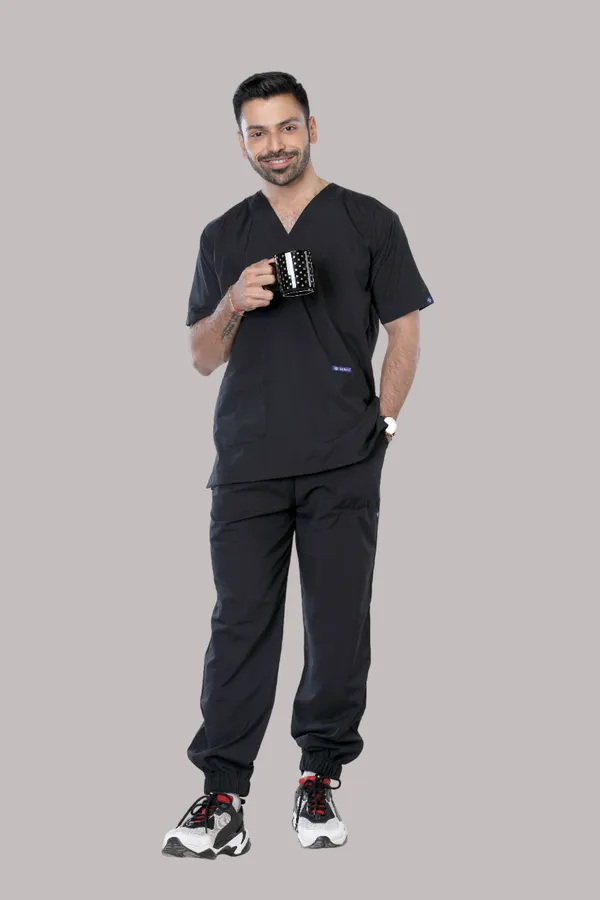 Black_7_Pocket_Mandarin_Collar_Scrub_With_Cap_&_Mask_For_Men