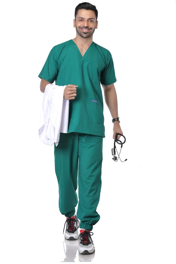 Green_7_Pocket_V_Neck_Scrub_With_Cap_&_Mask_For_Men