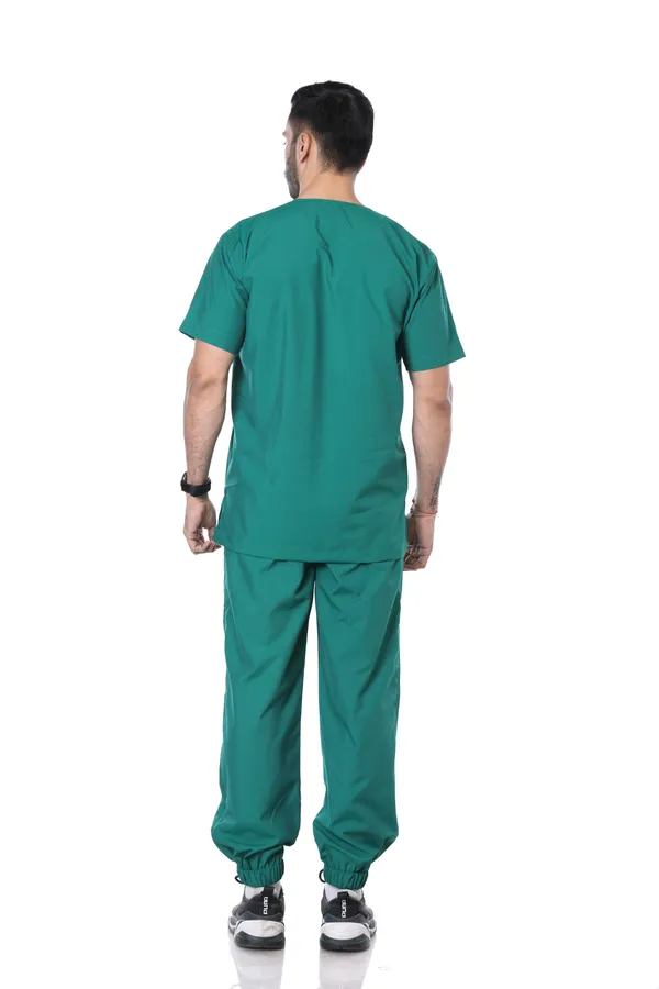 Green_7_Pocket_V_Neck_Scrub_With_Cap_&_Mask_For_Men