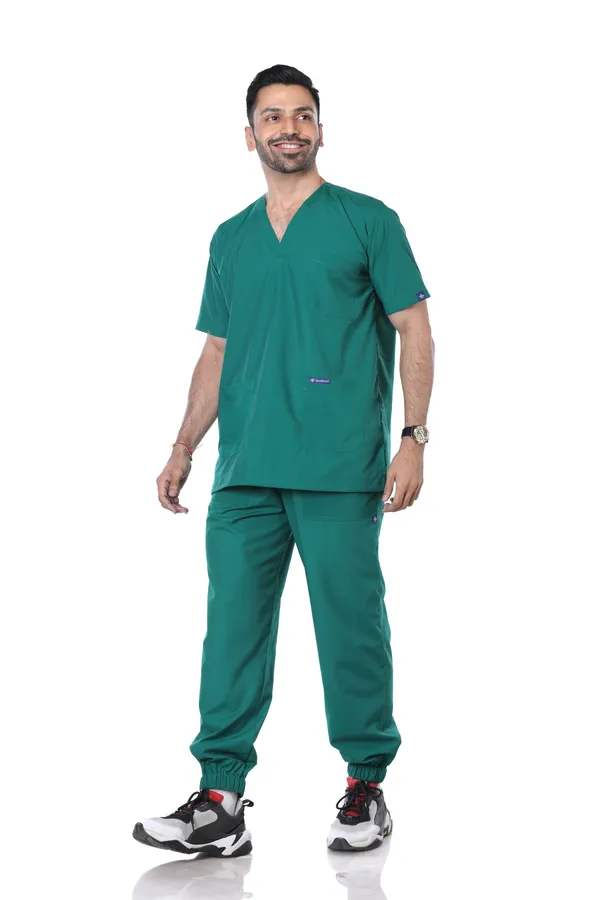 Green_7_Pocket_V_Neck_Scrub_With_Cap_&_Mask_For_Men