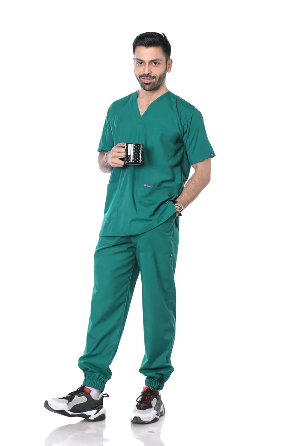 Green_7_Pocket_V_Neck_Scrub_With_Cap_&_Mask_For_Men
