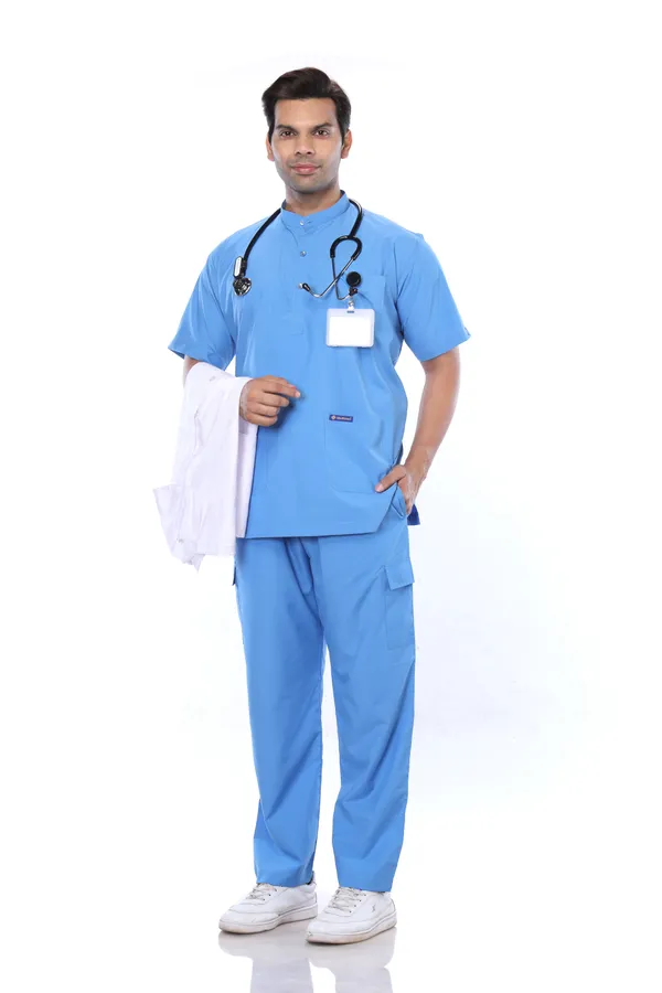 Sky_Blue_9_Pocket_Mandarin_Collar_Scrub_With_Cap_&_Mask_For_Men