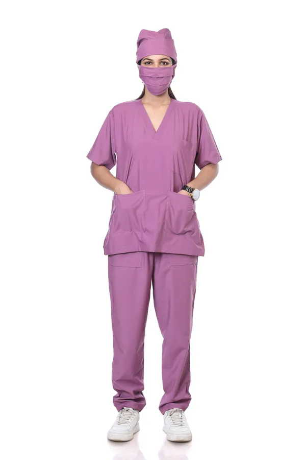 Misty_Pink_5_Pocket_V_Neck_Scrub_With_Cap_&_Mask_For_Women