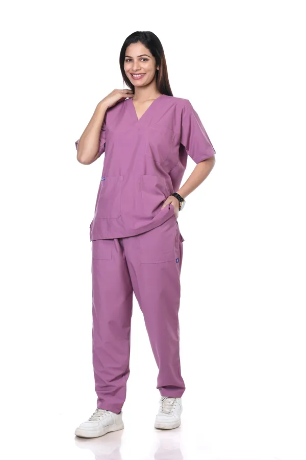 Misty_Pink_5_Pocket_V_Neck_Scrub_With_Cap_&_Mask_For_Women
