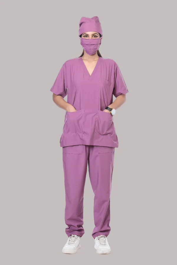 Misty_Pink_5_Pocket_V_Neck_Scrub_With_Cap_&_Mask_For_Women
