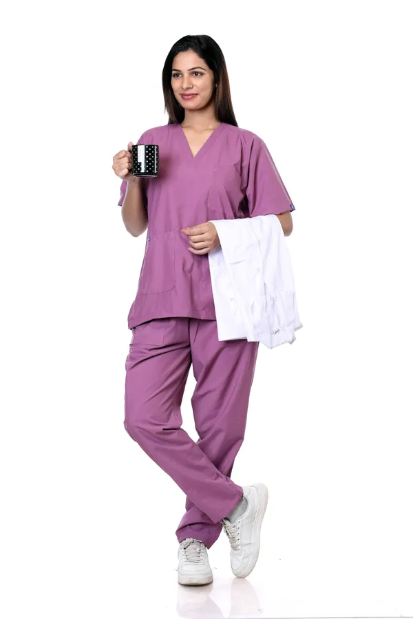 Misty_Pink_5_Pocket_V_Neck_Scrub_With_Cap_&_Mask_For_Women