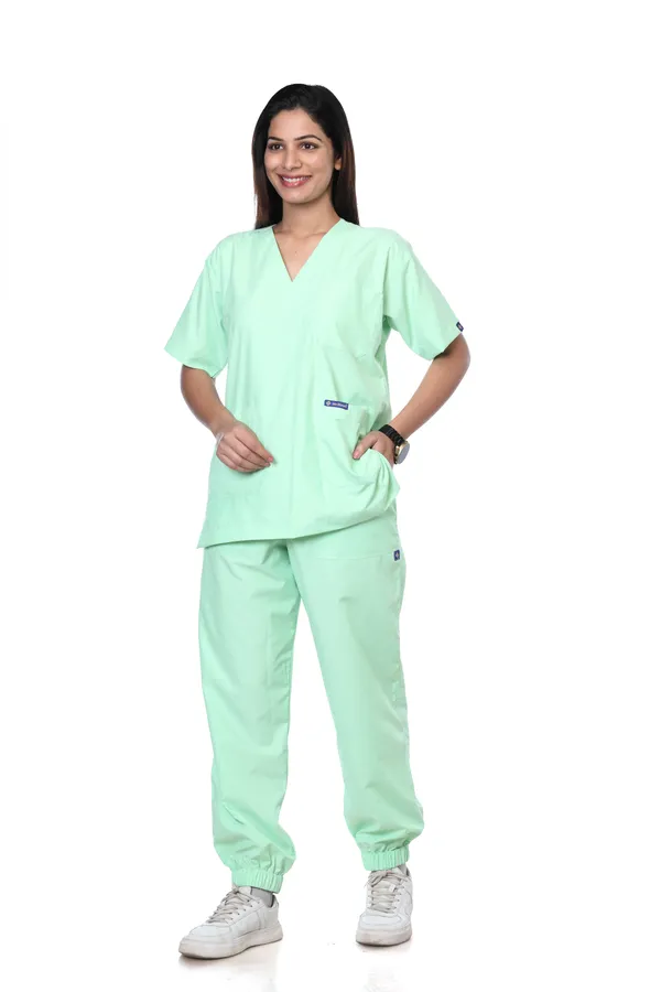 Pastel_Green_7_Pocket_V_Neck_Scrub_With_Cap_&_Mask_For_Women