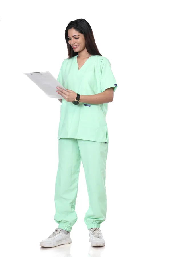 Pastel_Green_7_Pocket_V_Neck_Scrub_With_Cap_&_Mask_For_Women