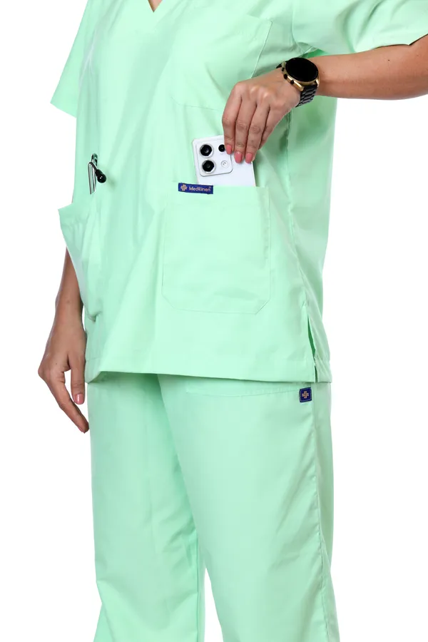 Pastel_Green_7_Pocket_V_Neck_Scrub_With_Cap_&_Mask_For_Women