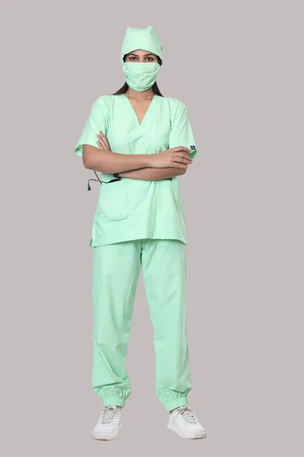 Pastel_Green_7_Pocket_V_Neck_Scrub_With_Cap_&_Mask_For_Women