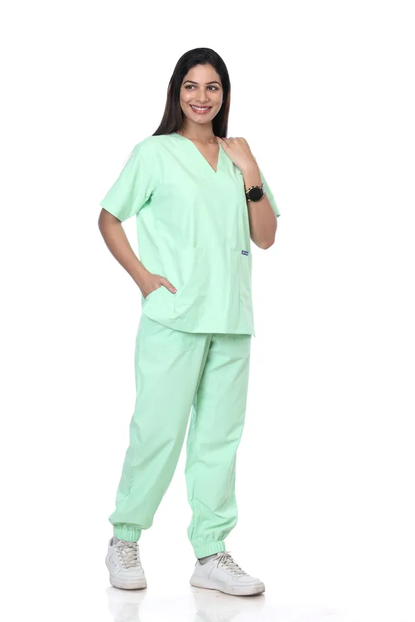 Pastel_Green_7_Pocket_V_Neck_Scrub_With_Cap_&_Mask_For_Women
