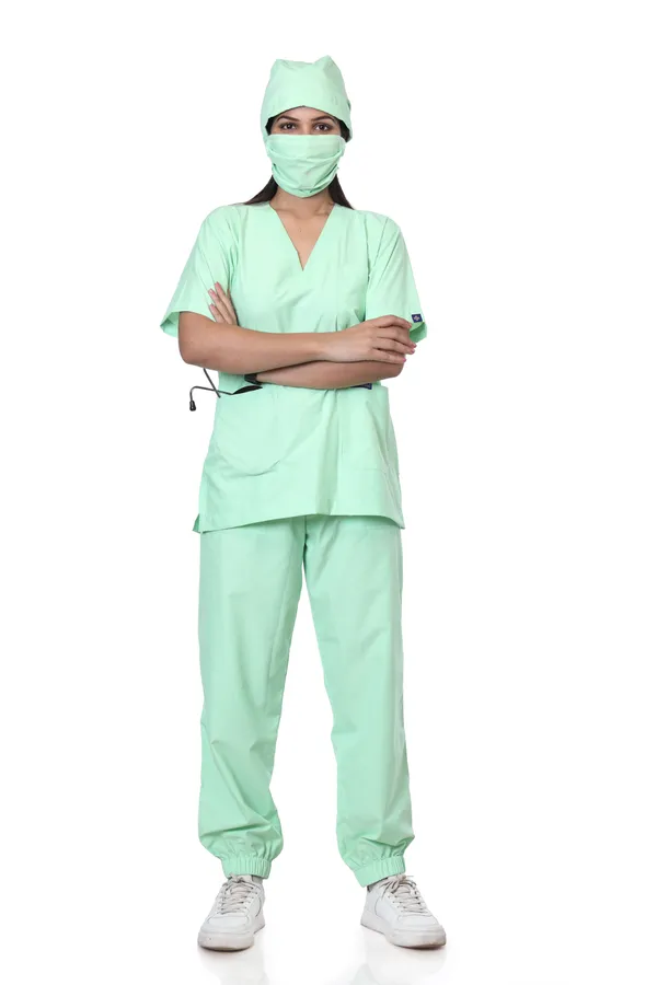 Pastel_Green_7_Pocket_V_Neck_Scrub_With_Cap_&_Mask_For_Women