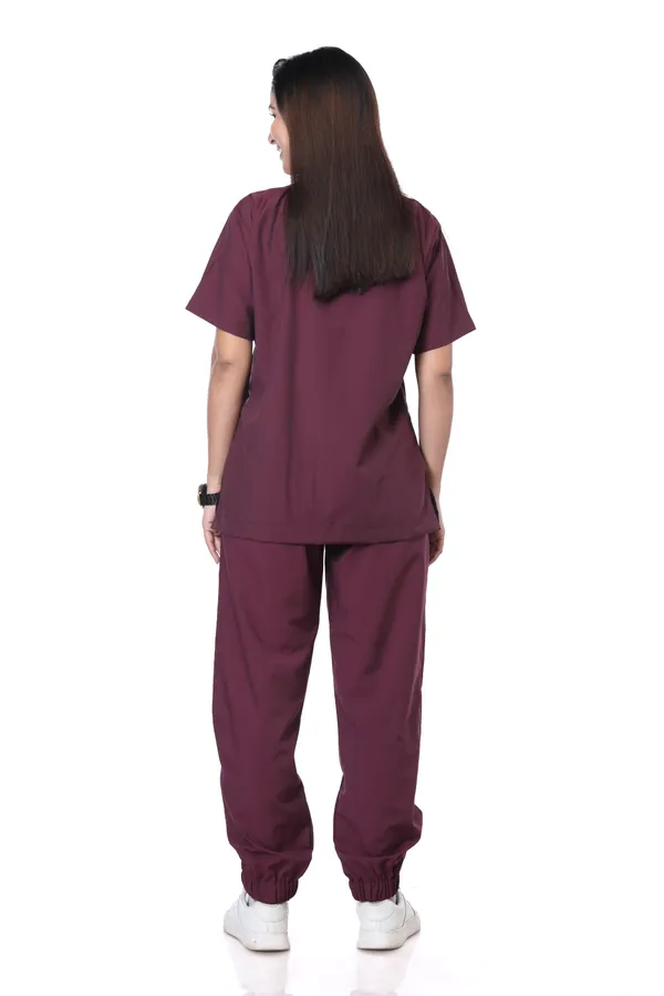 Wine_7_Pocket_V_Neck_Scrub_With_Cap_&_Mask_For_Women