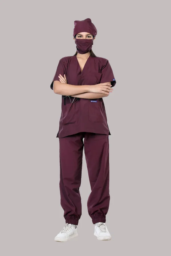Wine_7_Pocket_V_Neck_Scrub_With_Cap_&_Mask_For_Women