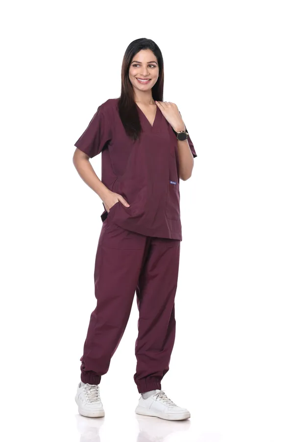 Wine_7_Pocket_V_Neck_Scrub_With_Cap_&_Mask_For_Women